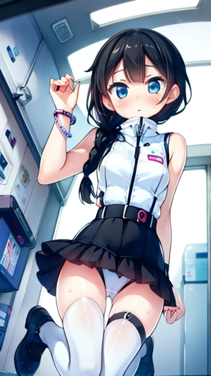 (Highest quality), (masterpiece), 1080P, High resolution, 4K, 8k, Inside the space station、Futuristic room、Thigh straps, Shooting from directly below, The woman on top of me, 白いSweat, Covered , Sweat, Woman looking down, Skirt swimsuit, Thigh-high socks, To achieve this, , , whole body, Black leather shoes, Braided hair, Inner Color, Embarrassed face, Short black hair, bracelet, Bedroom,celestial body_Vest