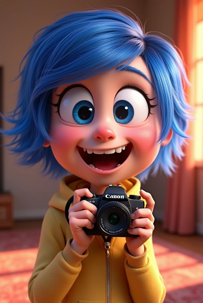 Joy from Inside Out pixar movie holding a canon brand camera, in pixar cartoon style