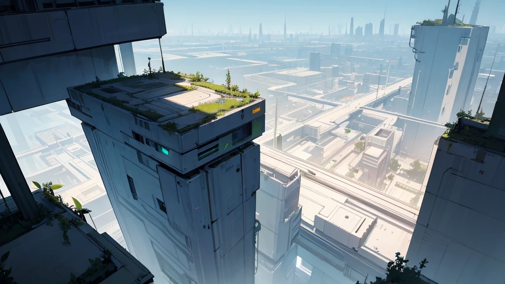 do it from the top of a building at night, a flat landscape. The building will be in a futuristic abandoned city with vines and plants taking over the place.