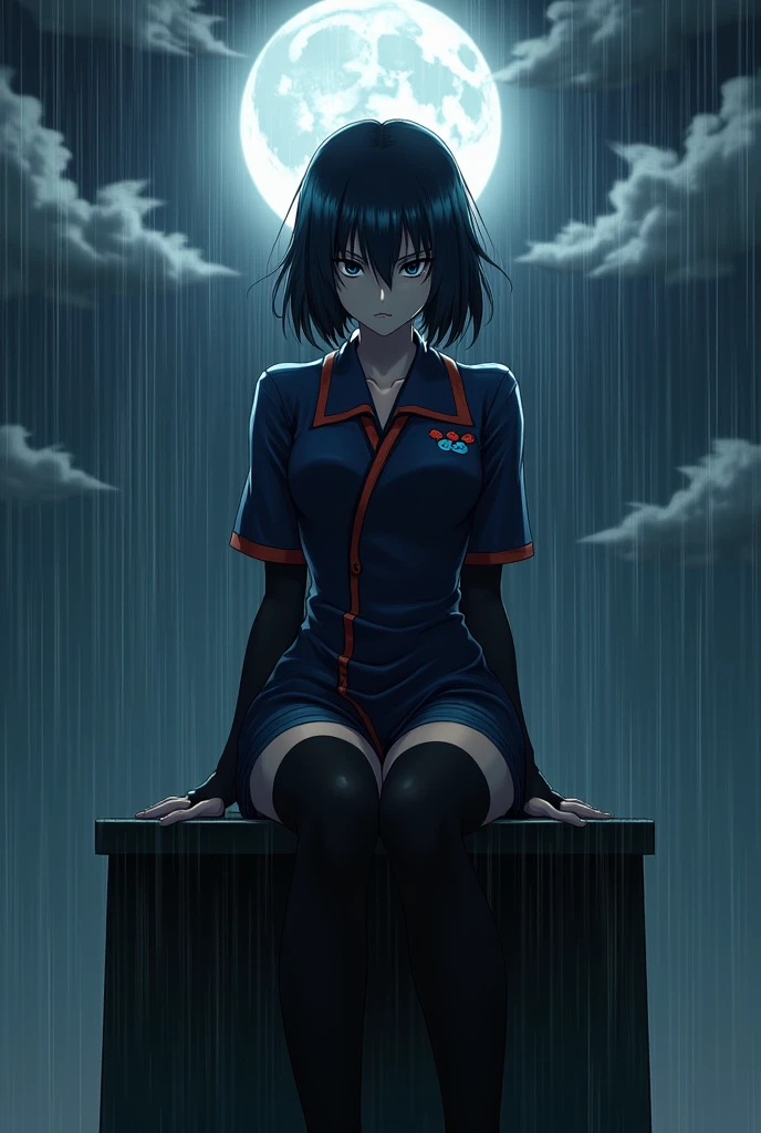 create an image of an anime woman sitting with legs crossed on top of a building, with a sadic smile expression on her face, short hair hiding her eyes and an tight and long akatsuki uniform, but with blue clouds instead of red and a pair of black stockings completely covering your legs, under the heavy rain and a full moon with several clouds around. half of his face is covered by a black strange shadow