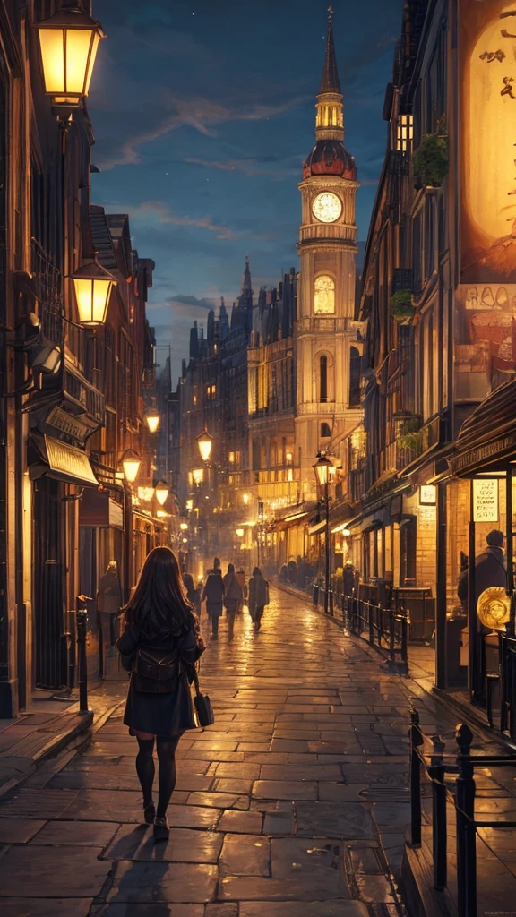 The old city of London bathed in gold, at night, the streets lit with old lanterns 