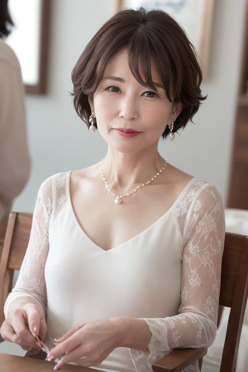 [Core Concept] A beautifully mature 55-year-old Japanese woman, a married woman, with delicate features and an elegant, refined presence.

[Character Description] She has a slim, graceful figure, with long, lush eyelashes framing her sparkling eyes. Her short, chin-length bob frames her face, and a decorative hair accessory adds a touch of elegance. Her lips are painted with a striking red lipstick, and a subtle blush graces her cheeks.

[Environment/Background] The setting is not specified, allowing the focus to remain on the woman's captivating presence.

[Style and Atmosphere] The overall atmosphere is one of refined elegance and subtle sensuality, with a touch of maturity and sophistication.

[Composition] The composition may be a close-up or medium shot, highlighting the woman's facial features and upper body, drawing the viewer's attention to her alluring yet dignified expression.

[Details and Embellishments] She wears a pearl necklace and earrings, adding to the sense of refined sophistication. The viewer is also presented with a vision of the woman in a tight-fitting white leotard, which reveals the contours of her small, flat chest.

[Technical Specifications] The image is requested to be of the highest quality, with a resolution of 4K or 8K, resulting in a stunning, detailed, and lifelike representation of the subject.