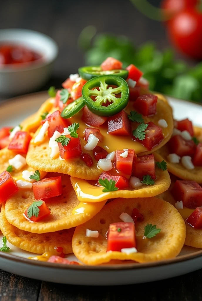 Plate with round-shaped nachos topped with diced tomatoes and white onions, seasoned with ketchup and liquid yellow cheese with sliced jalapeños in vinegar for decoration