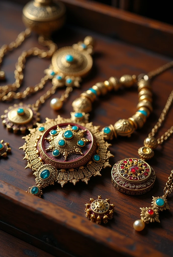 antique jewelry dated before the Christian era, with lots of gold and precious stones and wood inlay