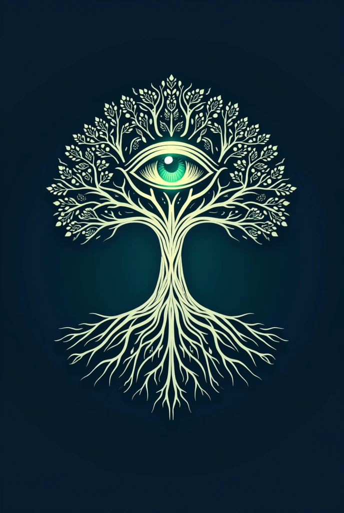 Spiritual logo, with tree roots, internal lighting, the all-seeing eye 