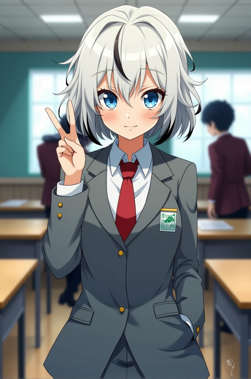 Screenshot my hero academia a girl with short wavy light white hair with black highlights . With blue slanted eyes, wearing her UA school uniform ( gray jacket with red tie) being in a classroom 
