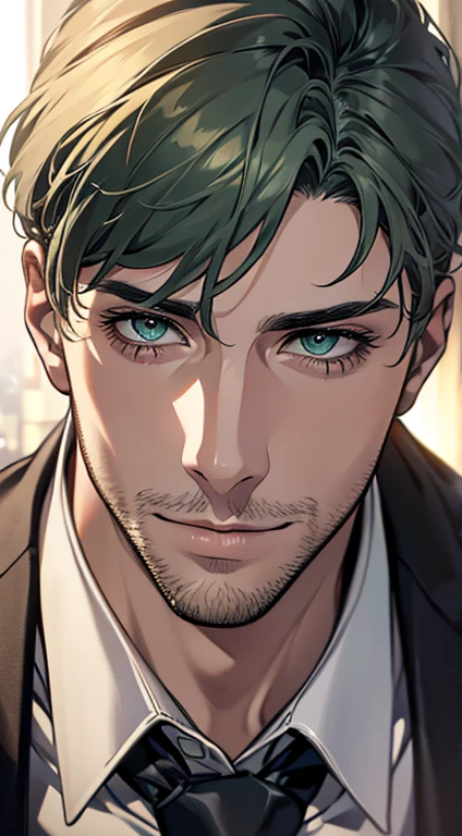 (best quality,4k,8k,highres,masterpiece:1.2),ultra-detailed,(realistic,photorealistic,photo-realistic:1.37),1 man,31 years old,mature man,very handsome,without expression,smile,short grey green hair,blue eyes,penetrating gaze,perfect face without errors,imposing posture,businessman,office background,cinematic lighting,hdr image