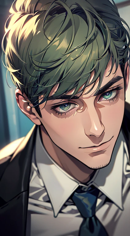 (best quality,4k,8k,highres,masterpiece:1.2),ultra-detailed,(realistic,photorealistic,photo-realistic:1.37),1 man,31 years old,mature man,very handsome,without expression,smile,short grey green hair,blue eyes,penetrating gaze,perfect face without errors,imposing posture,businessman,office background,cinematic lighting,hdr image
