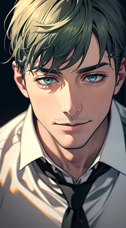 (best quality,4k,8k,highres,masterpiece:1.2),ultra-detailed,(realistic,photorealistic,photo-realistic:1.37),1 man,31 years old,mature man,very handsome,without expression,smile,short grey green hair,blue eyes,penetrating gaze,perfect face without errors,imposing posture,businessman,office background,cinematic lighting,hdr image