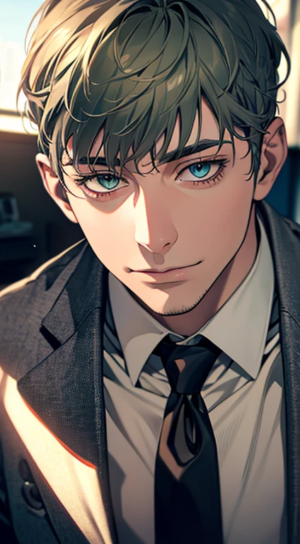(best quality,4k,8k,highres,masterpiece:1.2),ultra-detailed,(realistic,photorealistic,photo-realistic:1.37),1 man,31 years old,mature man,very handsome,without expression,smile,short grey green hair,blue eyes,penetrating gaze,perfect face without errors,imposing posture,businessman,office background,cinematic lighting,hdr image