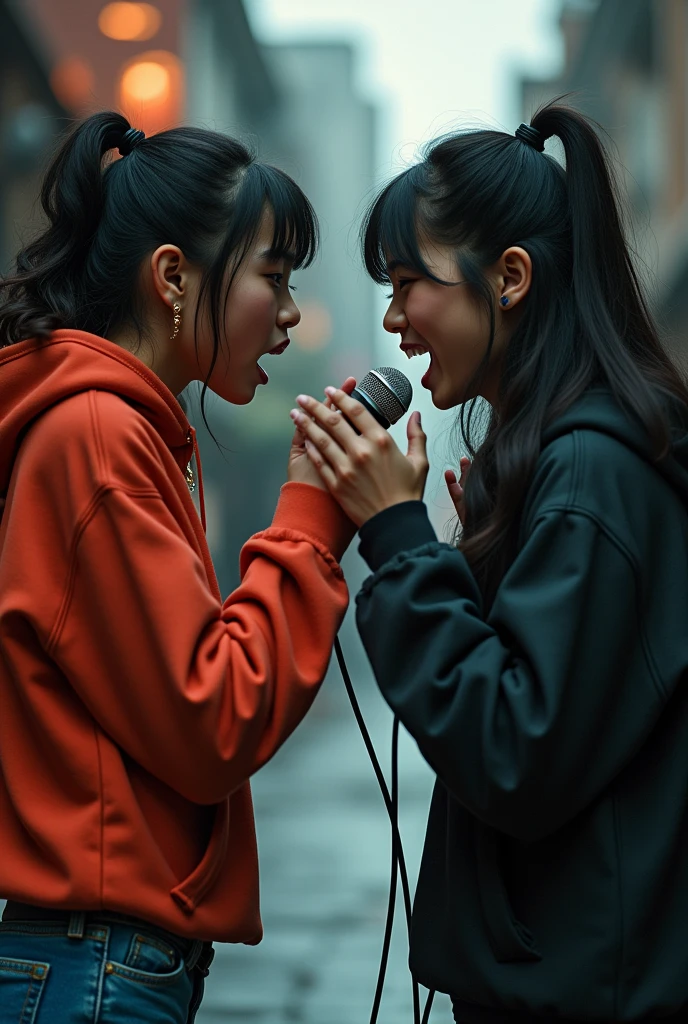 realistic photo, Rap battle between two teenage Asian girls with microphone, One of them is making the other cry with bad words