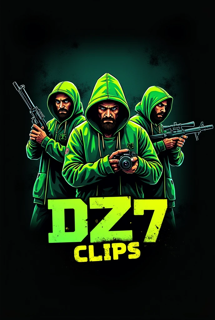 create a logo with the name DZ7 CLIPS with gang characters one of them holding a camera with green clothes and weapons in hand 