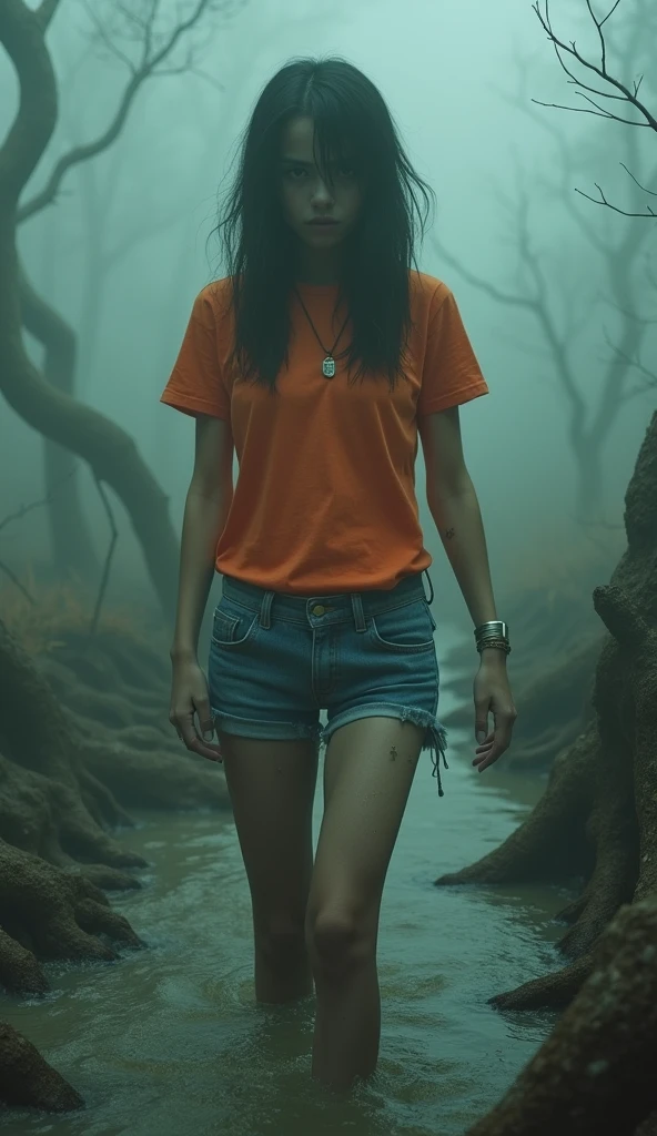 girl in (fetishistic rubber stockings) and denim cut-offs and colored t-shirt stuck in bog