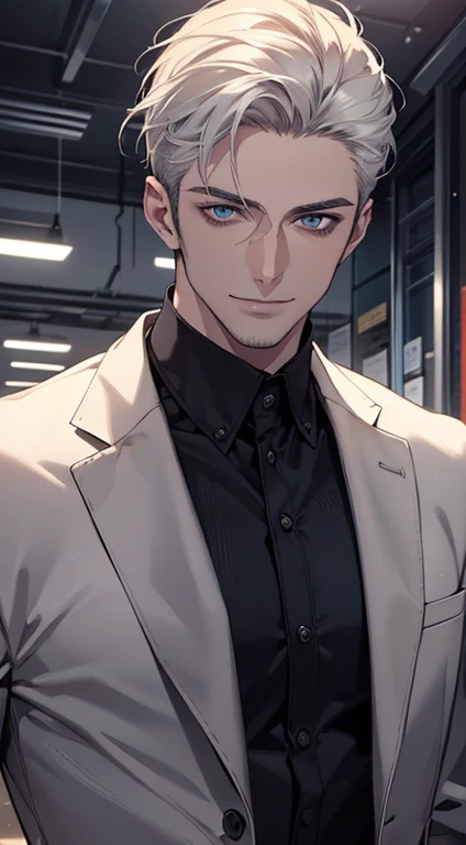(best quality, masterpiece, 8K, photorealistic, cinematic lighting, hdr image, ultra detailed, beautiful image), 1 man, 31 years old, mature man, very handsome, (without expression, smile), short white hair, blue eyes ( penetrating gaze), perfect face without errors, imposing posture, without errors, businessman, office background