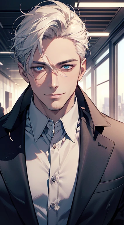 (best quality, masterpiece, 8K, photorealistic, cinematic lighting, hdr image, ultra detailed, beautiful image), 1 man, 31 years old, mature man, very handsome, (without expression, smile), short white hair, blue eyes ( penetrating gaze), perfect face without errors, imposing posture, without errors, businessman, office background