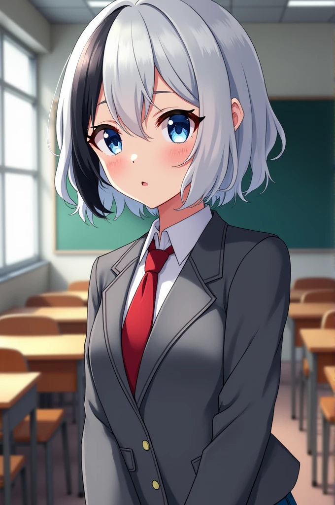 Screenshot my hero academia a girl with short wavy light white hair with black highlights . With blue slanted eyes, wearing her UA school uniform ( gray jacket with red tie) being in a classroom