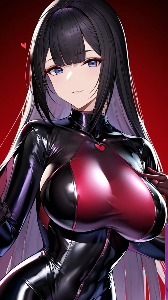 erotic、tall、 mature, Married women, Purple shiny latex rubber suit、turtleneck、邪evilな女戦闘員, Red and black background, heart, Bedroom, Dark Theme, evil, lure, excited, Condescending smile, Lightly open your mouth、Sexy pose, Upper Body,