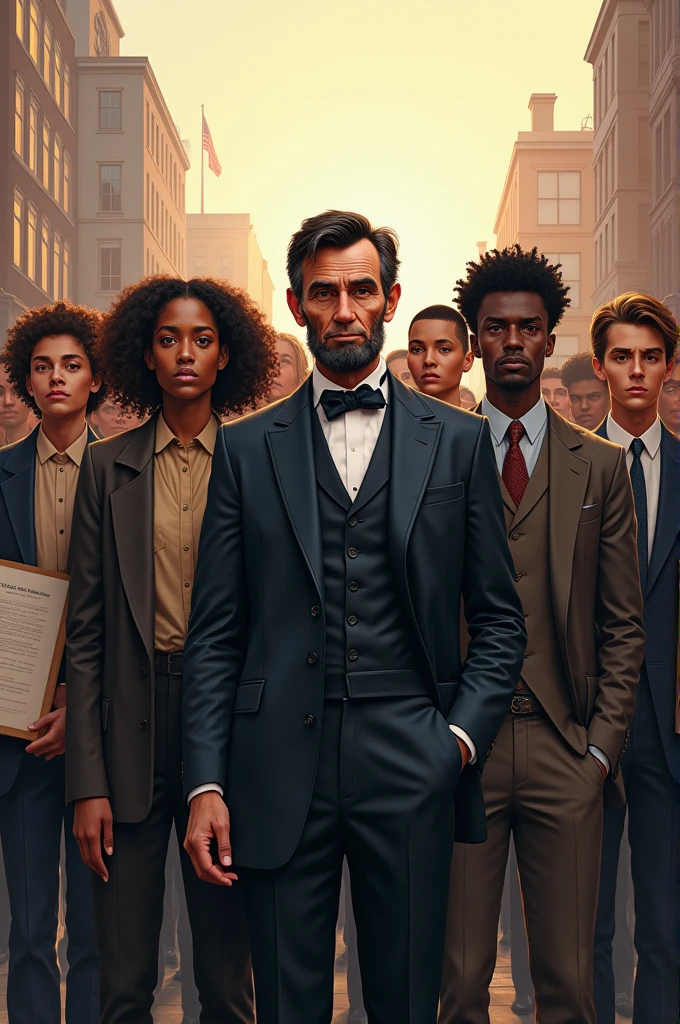 Create an image that encompasses inclusion laws that Abraham rights, equality for all regardless of color, race, sex, Financial