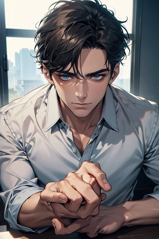 (Best Quality,4k,8k,high resolution,Masterpiece:1.2),ultra detailed,(realist,photorealist,photo-realist:1.37),1 man,31 years,mature man,very handsome,without expresion,muscled body,short gray black hair,Blue eyes,glare,perfect face without mistakes,imposing posture,businessman,office background,cinematic lighting,imagen HDR