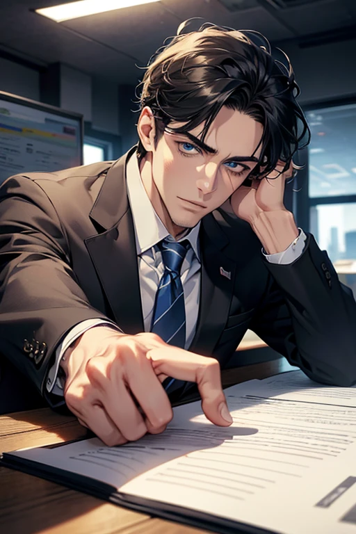 (Best Quality,4k,8k,high resolution,Masterpiece:1.2),ultra detailed,(realist,photorealist,photo-realist:1.37),1 man,31 years,mature man,very handsome,without expresion,muscled body,short gray black hair,Blue eyes,glare,perfect face without mistakes,imposing posture,businessman,office background,cinematic lighting,imagen HDR