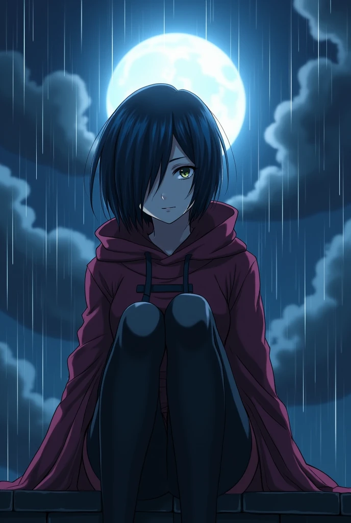 create an image of an anime woman sitting with legs crossed on top of a building, with a sadic smile expression on her face, half of your face covered by a shadow, short hair hiding her eyes and an tight and long akatsuki clothe, but with blue clouds instead of red and a pair of black stockings completely covering your legs, under the heavy rain and a full moon with several clouds around. 