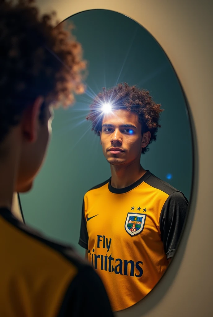 Realistic photo in mirror of Corinthians shirt and flash on cell phone, curly hair for profile picture