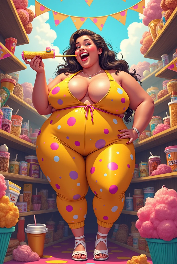 confident plus-size woman, gorda, obese, Immense, gigant ass, drooling over food wearing a vibrant and colorful outfit. She must be in a setting with sweets and processed foods in the background., creating a playful atmosphere. Use detailed lighting to highlight your curves and expression. Combine anime and comic book style for the best art quality