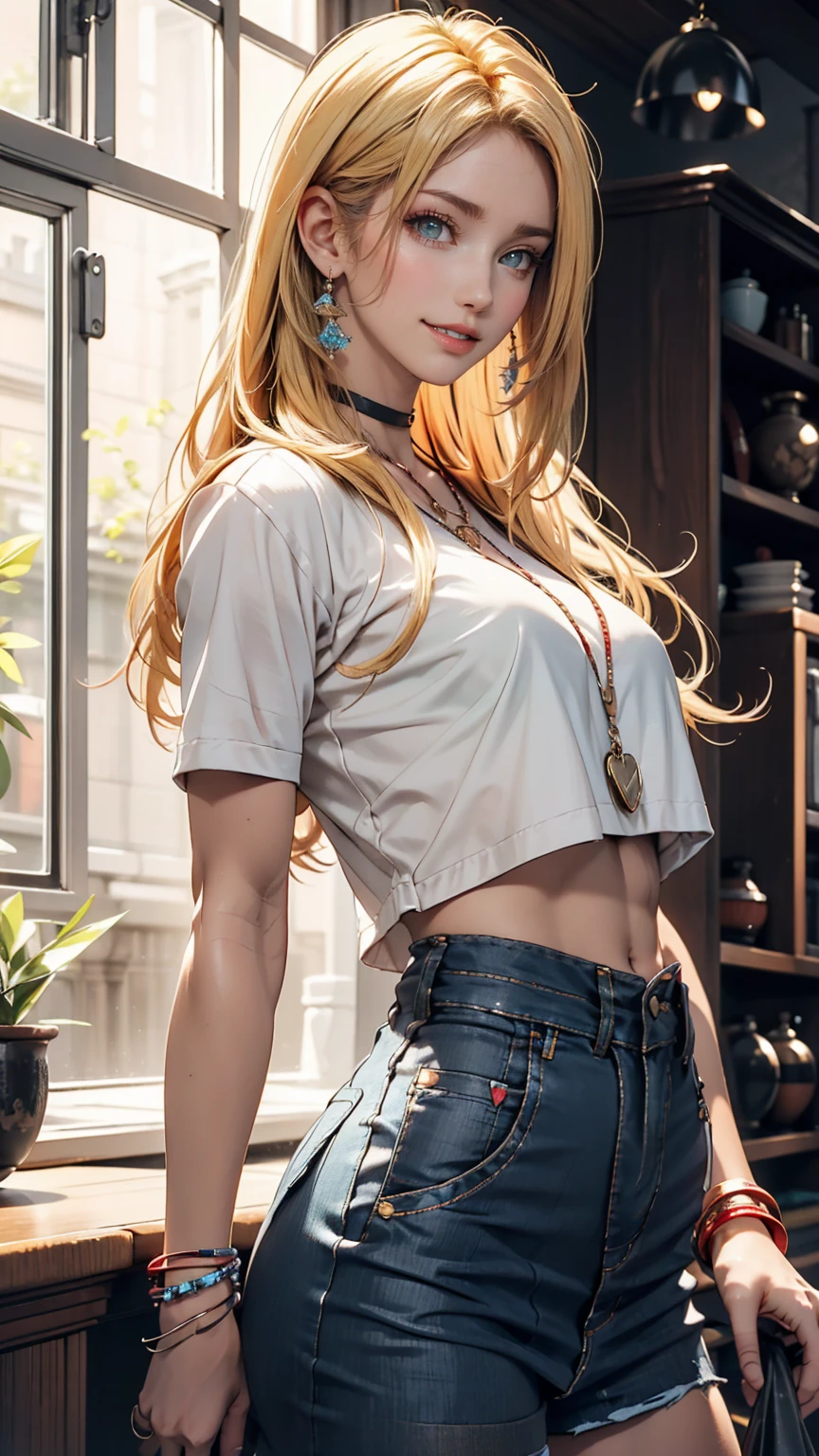 22 year old Caucasian female、Her hair color is blonde、blue eyes、Long Hair、Straight hair、Wrist Accessories、I'チョーカーをつけているI、The skin is smooth、Laughter、A slim but muscular body、My heart is pounding、Laughter、Wearing a skater dress、Wearing red high heels、I'Sitting on the city steps, Place your chin on your chin、Grin((A light smile ))
