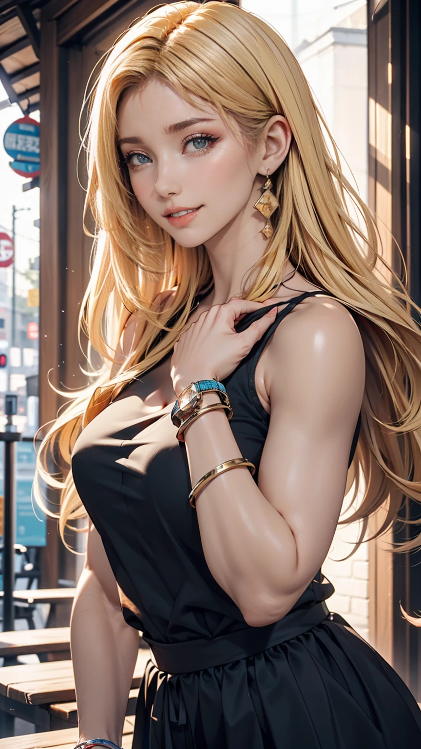 22 year old Caucasian female、Her hair color is blonde、blue eyes、Long Hair、Straight hair、Wrist Accessories、I&#39;チョーカーをつけているI、The skin is smooth、Laughter、A slim but muscular body、My heart is pounding、Laughter、Wearing a skater dress、Wearing red high heels、I&#39;Sitting on the city steps, Place your chin on your chin、Grin((A light smile ))