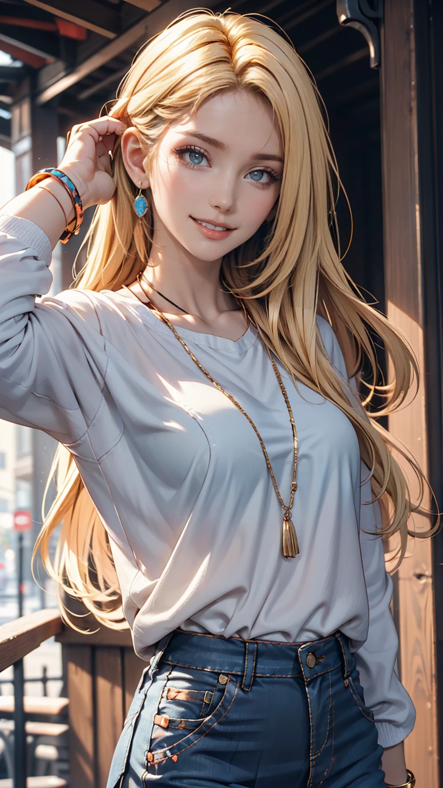 22 year old Caucasian female、Her hair color is blonde、blue eyes、Long Hair、Straight hair、Wrist Accessories、I'チョーカーをつけているI、The skin is smooth、Laughter、A slim but muscular body、My heart is pounding、Laughter、Wearing a skater dress、Wearing red high heels、I'Sitting on the city steps, Place your chin on your chin、Grin((A light smile ))