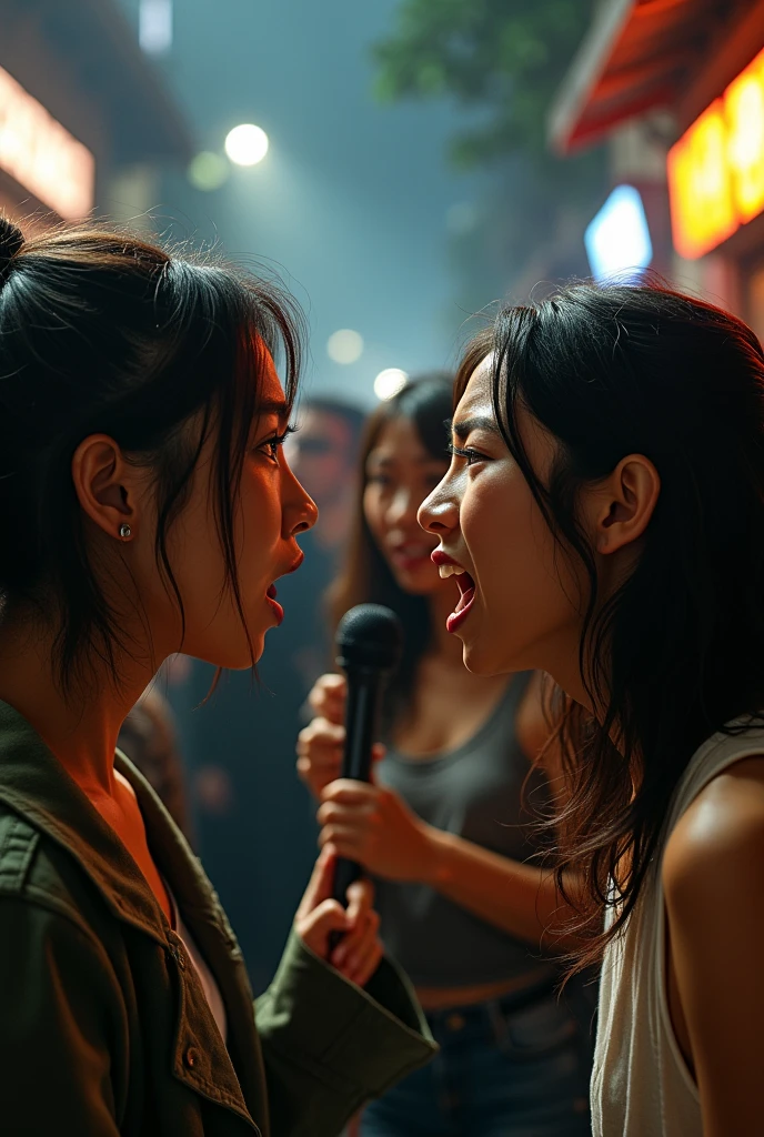 realistic photo, Rap battle between two white girls, agers and Asian girls with microphone, One of them is making the other cry with bad words 