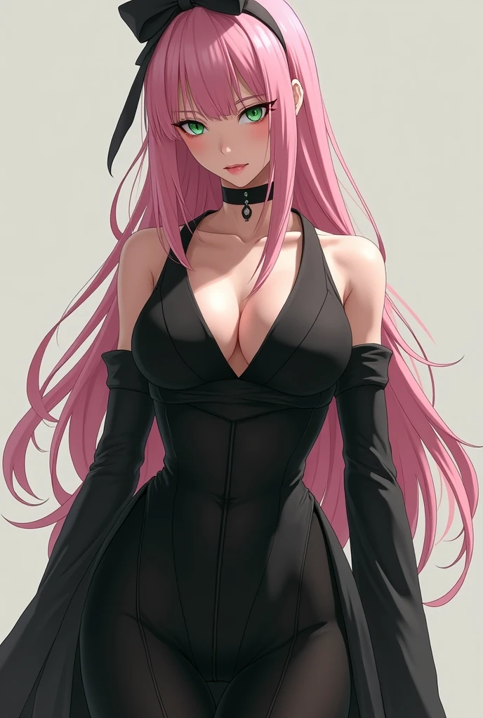 Sakura Uchiha woman with light pink hair, flashy look, greeneyes, sexy elegant black outfit, Bela, big breasts, sakura haruno. Delicate and realistic face of Sakura Uchiha