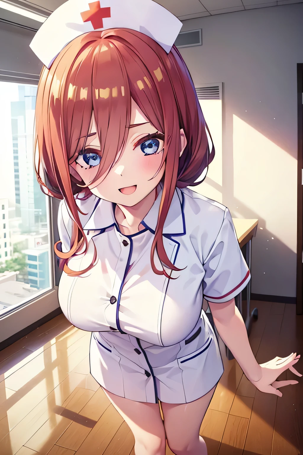 1girl ,(Miku Nakano,miku nakano), nurse,blue eyes,bangs,happy smile, smile, Open your mouth,((white nurse服,White Knee High)),Real Summer,Daytime,sunny,My hair is blowing in the wind,whole bodyがイラストに入るように,Slender body,
break indoors, hospital,nurse,Hospital room,Examination room,nurse
break looking at viewer,Beautiful breasts,Large Breasts,whole body,((,nurse,nurse,Top view))
break (masterpiece:1.2), Highest quality, High resolution, unity 8k wallpaper, (shape:0.8), (Beautiful details:1.6), Highly detailed face, Perfect lighting, Extremely detailed CG, (Perfect hands, Perfect Anatomy),