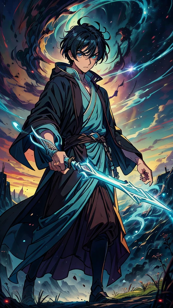 -High quality- -masterpiece- -Anime style- a man with black hair, light blue eyes, handsome, slim, dressed in a brown wizard's robe, holding a long staff, walking across a meadow with a nice sunrise, serious expression