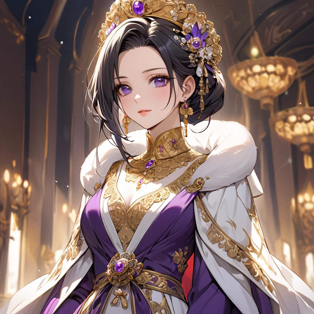 ((Highest quality)), ((masterpiece)), (detailed), (Perfect Face)、The woman is Shinobu Kocho, a Russian with black hair with purple gradient ends, tied in a bob hairstyle, an elegant, graceful and beautiful Russian noblewoman, and the Empress of the Great Russian Empire.、The woman is beautifully dressed in the gorgeous, glittering gold-colored Russian court dress of an ancient Russian empress, accessorized with luxurious accessories and kokoshniks.、The woman is standing next to a great and dignified old Russian emperor.