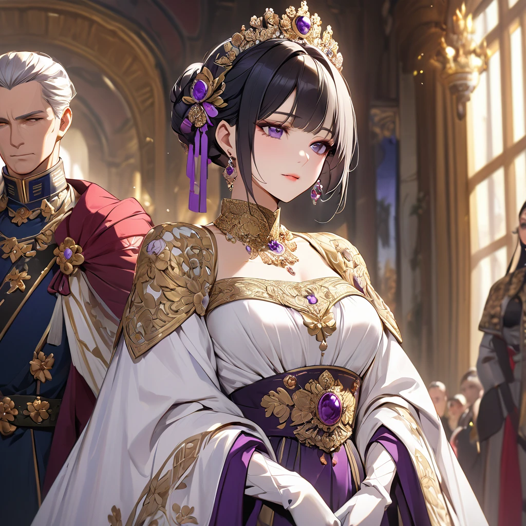 ((Highest quality)), ((masterpiece)), (detailed), (Perfect Face)、The woman is Shinobu Kocho, a Russian with black hair with purple gradient ends, tied in a bob hairstyle, an elegant, graceful and beautiful Russian noblewoman, and the Empress of the Great Russian Empire.、The woman is beautifully dressed in the gorgeous, glittering gold-colored Russian court dress of an ancient Russian empress, accessorized with luxurious accessories and kokoshniks.、The woman is standing next to a great and dignified old Russian emperor.
