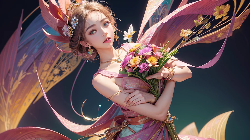 32K, 最高quality, 最高masterpiece, (ultra-Detailed Background, Detailed Background), High resolution, Super detailed, Very detailedな, One girl, (bouquet:1.3), (Tangled:1.2), (Geometric:1.2),(colorful),(masterpiece, quality, best quality, Official Art, Beautiful and beautiful:1.2), (1 girl:1.3), Very detailed,(colorful:1.1)(Flowers:1.3),Most detailed,(Tangled:1.2), whole body, (Abstract background:1.3), (Skin glows), (Many colors:1.4), ,(Earrings Jewelry:1.5), Pink Background,