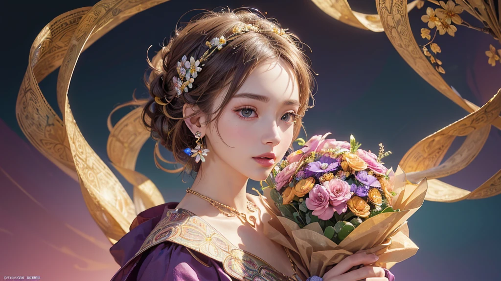 32K, 最高quality, 最高masterpiece, (ultra-Detailed Background, Detailed Background), High resolution, Super detailed, Very detailedな, One girl, (bouquet:1.3), (Tangled:1.2), (Geometric:1.2),(colorful),(masterpiece, quality, best quality, Official Art, Beautiful and beautiful:1.2), (1 girl:1.3), Very detailed,(colorful:1.1)(Flowers:1.3),Most detailed,(Tangled:1.2), whole body, (Abstract background:1.3), (Skin glows), (Many colors:1.4), ,(Earrings Jewelry:1.5), Pink Background,