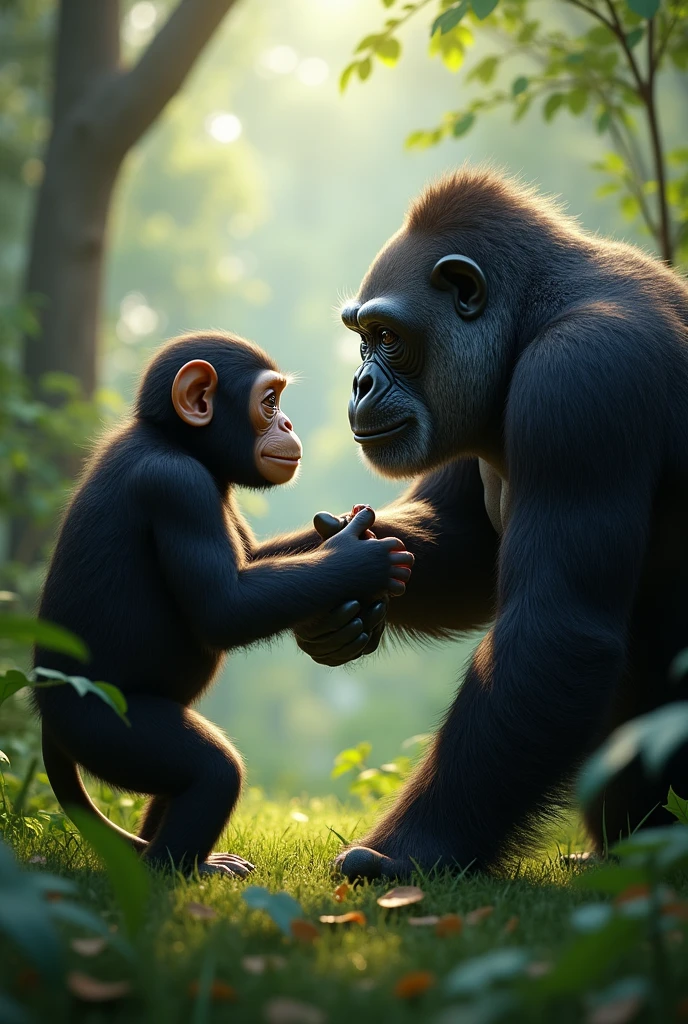 Chimpanzee and gorilla greeting each other partnership and friendship