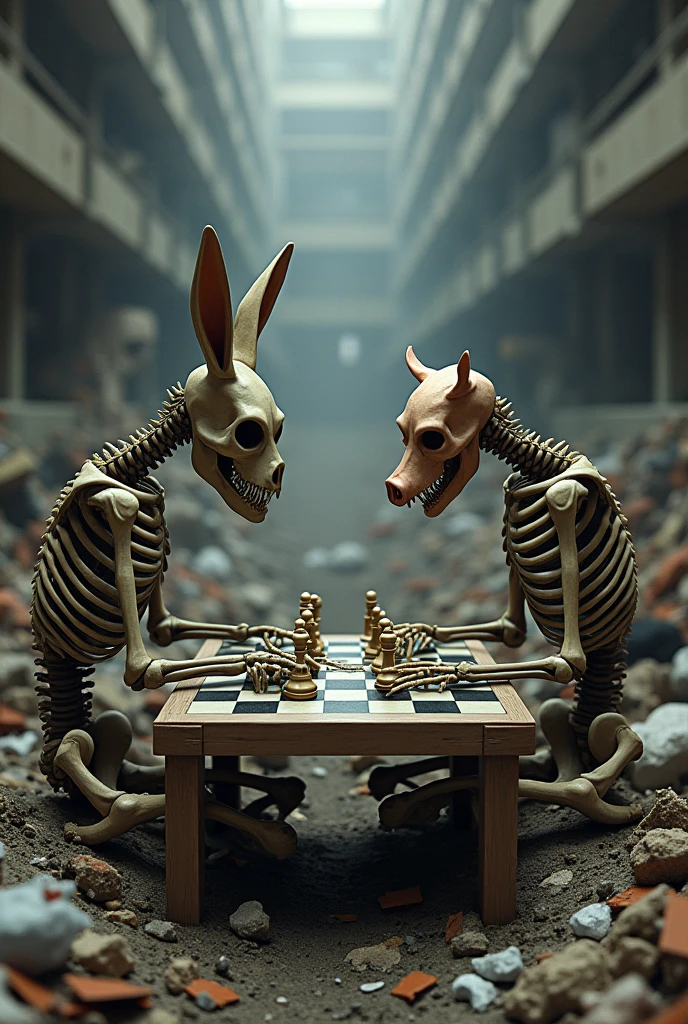 Skeleton with a donkey mask and another skeleton with a pig mask playing chess on garbage