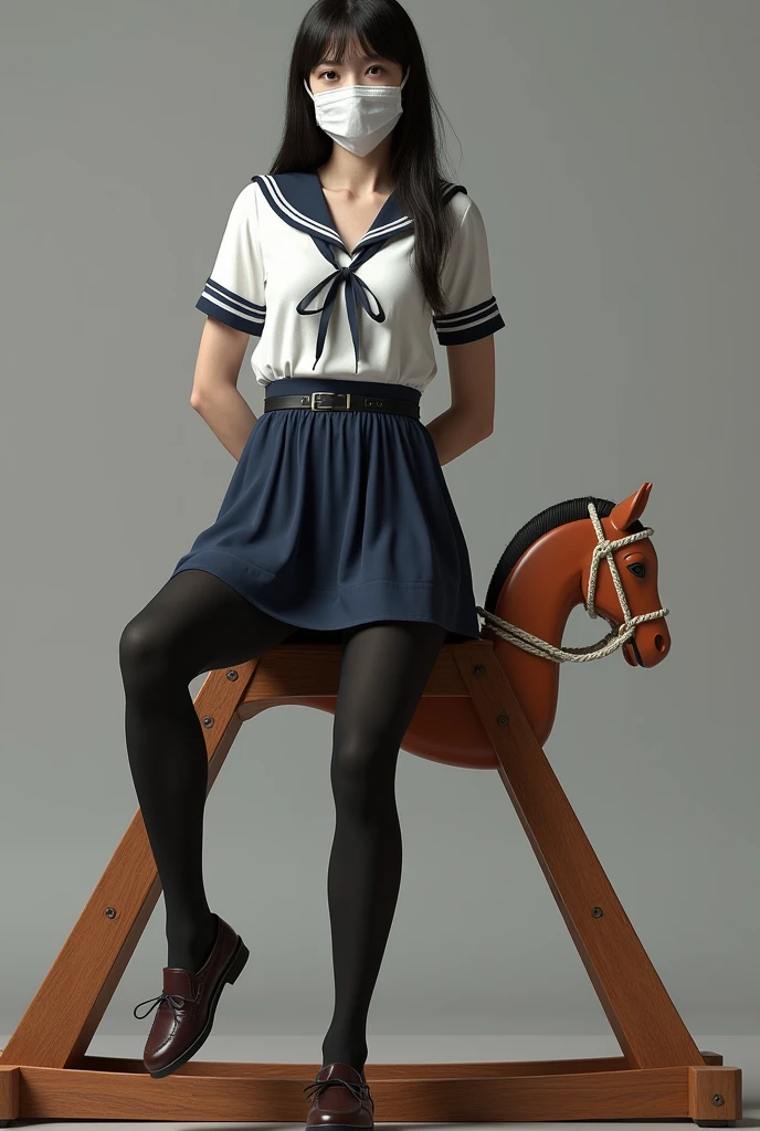 (Highly detailed CG Unity 8k), (Highest quality),(Very detailed),(Ultra-high resolution), 1 female, white cloth gag, uniform, Sailor suit, Rope Bondage, breasts Rope Bondage, hands back Rope Bondage, leg Rope Bondage, thigh Rope Bondage, bust Rope Bondage, feet Rope Bondage, Put your arms behind your hips, Wrists tied, Tie your ankles, Gagged with a white cloth, Dark Blue Skirt, legs stretch, The rocking horse is so high that my feet can't reach it.., The triangle horse has a sharp shape, (Legs straddling a wooden horse:1.4), ((Black Stockings)), ((Black garter belt)), Brown Loafers, White blindfold, A white gag right up to the nose, Ticker, front, Spread your legs,