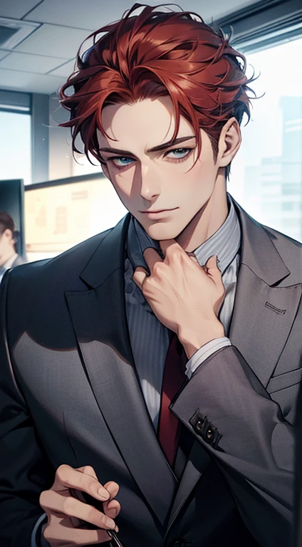 (best quality,4k,8k,highres,masterpiece:1.2),ultra-detailed,(realistic,photorealistic,photo-realistic:1.37),1 man,31 years old,mature man,very handsome,without expression,smile,short grey red hair,blue eyes,penetrating gaze,perfect face without errors,imposing posture,businessman,office background,cinematic lighting,hdr image