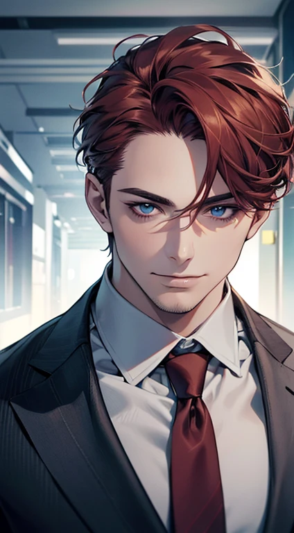 (best quality,4k,8k,highres,masterpiece:1.2),ultra-detailed,(realistic,photorealistic,photo-realistic:1.37),1 man,31 years old,mature man,very handsome,without expression,smile,short grey red hair,blue eyes,penetrating gaze,perfect face without errors,imposing posture,businessman,office background,cinematic lighting,hdr image