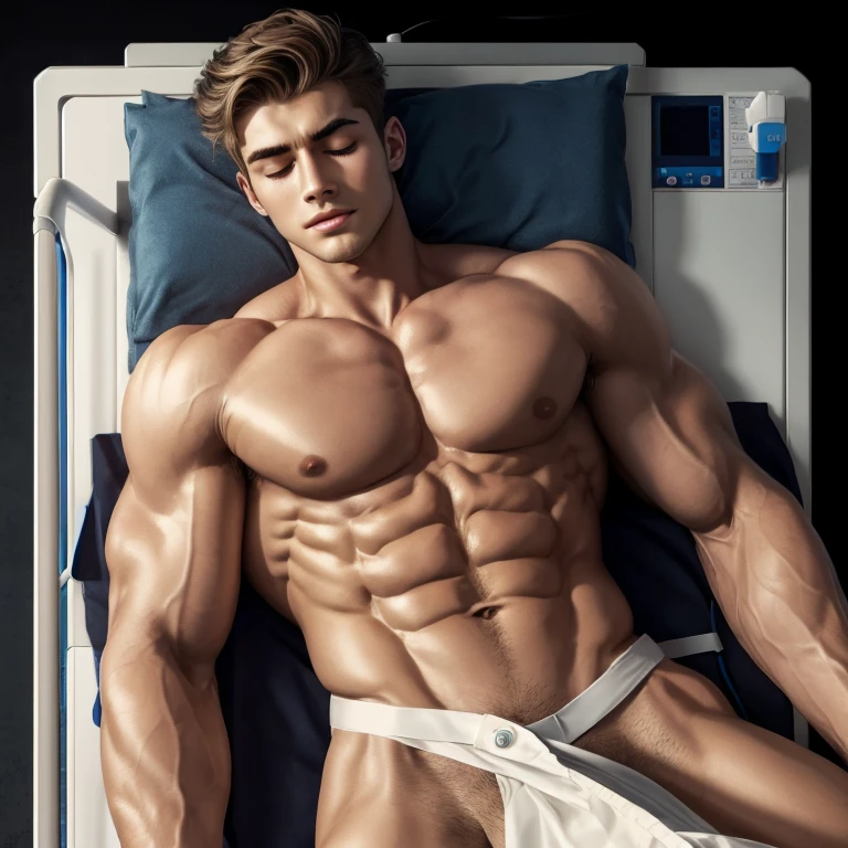 a very handsome young man, Lean, eyes closed, shirtless, lying on a hospital stretcher, seen from above on a black background