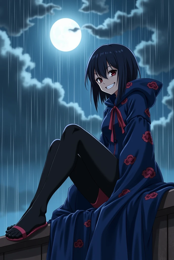 create an image of an anime woman sitting with legs crossed on top of a building, with a sadic smile expression on her face, short hair hiding her eyes and an long blue akatsuki clothe, but with blue clouds instead of red and a pair of black stockings completely covering your legs, under the heavy rain and a full moon with several clouds around.