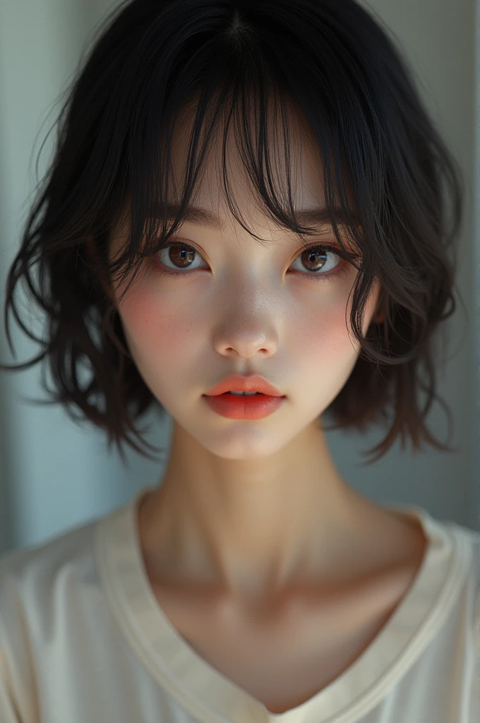 ​masterpiece,high-level image quality,hightquality,A Japanese Lady,small and thin face,Perfect body,Erotic look,A detailed eye,Photorealsitic,bob cuts,kawaii,(cleavage of the breast:1.3)、tshirts
