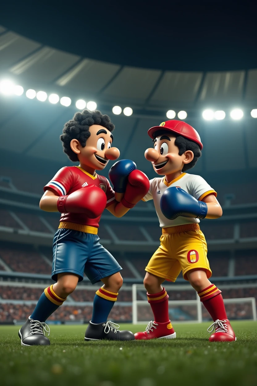 Pato boxing with Chavo del Ocho at the Real Madrid stadium at night