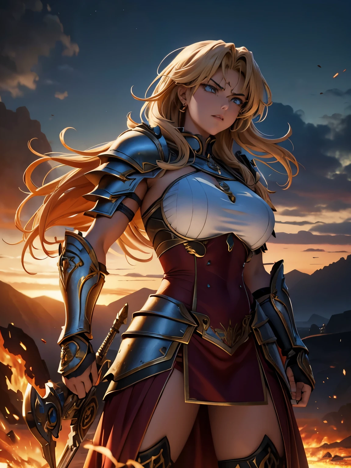 [Core Concept] A powerful, battle-hardened female warrior in golden armor, standing amidst the chaos of a fiery battlefield.

[Character Description] A young woman with messy, wind-swept hair, her face set in a determined expression. Her golden armor, though cracked and damaged, still gleams fiercely, reflecting the intense flames that rage around her.

[Environment/Background] The warrior stands on a rugged, war-torn landscape, surrounded by the flickering glow of burning debris and the haze of smoke. The environment is one of intense conflict, with the devastation of battle evident in the broken ground and scattered wreckage.

[Style and Atmosphere] The scene has a cinematic, larger-than-life quality, with a sense of epic grandeur and heroic drama. The lighting and color palette create a dynamic, emotionally charged atmosphere, evoking the high-stakes intensity of a climactic battle.

[Composition] The warrior is centrally positioned, her powerful pose and commanding presence dominating the frame. The chaotic, fiery background serves to highlight her resilience and determination, creating a striking visual contrast.

[Details and Embellishments] The warrior's armor bears the distinctive aesthetic of the Saint Seiya universe, with intricate designs and symbolic elements. Her ragged clothing and the broken, scorched nature of her armor suggest the ferocity of the battle she has endured.

[Technical Specifications] A highly detailed, photorealistic digital painting or 3D rendering, showcasing exceptional craftsmanship and attention to detail in both the character and the environment.