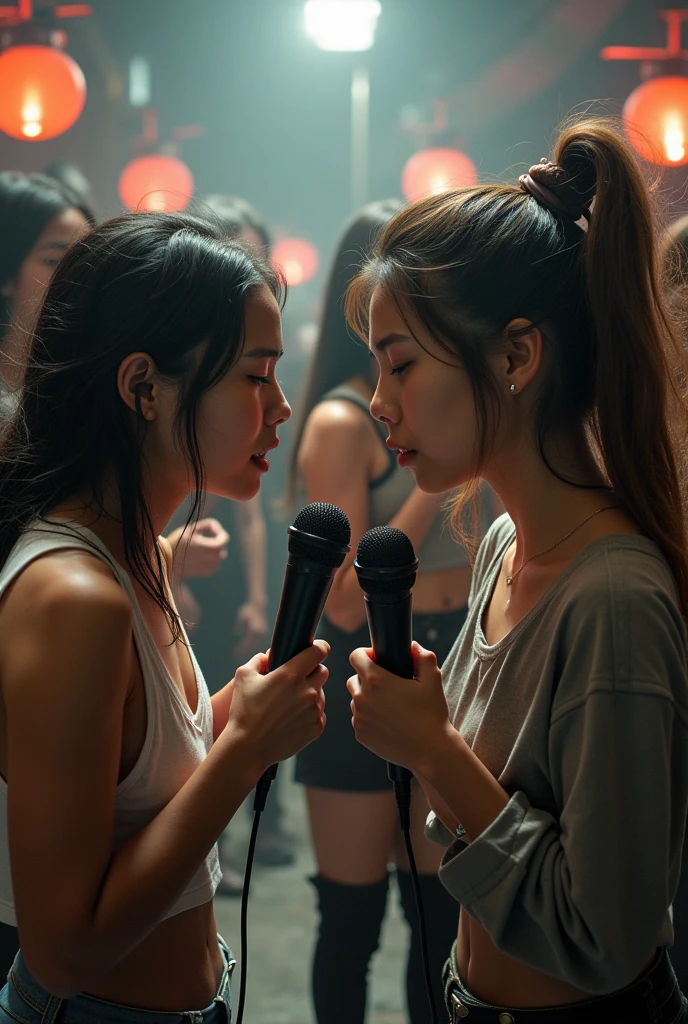 realistic photo, Rap battle between two pale white skinned girls, Teenagers and Asian girls with microphone, One of them is making the other cry with bad words 