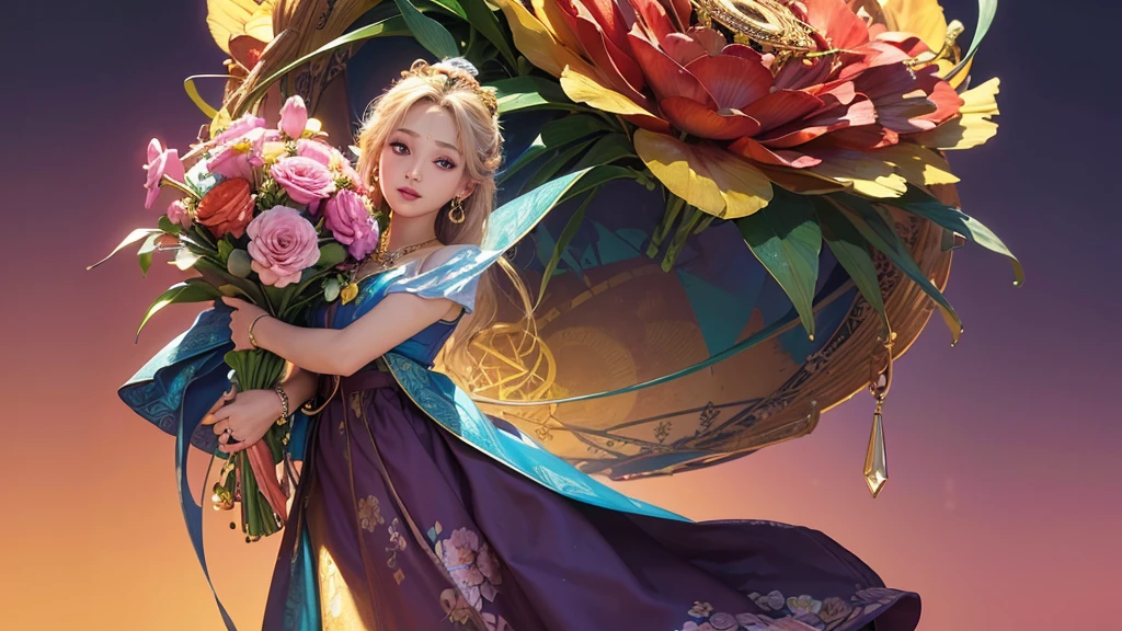 32K, 最高quality, 最高masterpiece, (ultra-Detailed Background, Detailed Background), High resolution, Super detailed, Very detailedな, One girl, (bouquet:1.3), (Tangled:1.2), (Geometric:1.2),(colorful),(masterpiece, quality, best quality, Official Art, Beautiful and beautiful:1.2), (1 girl:1.3), Very detailed,(colorful:1.1)(Flowers:1.3),Most detailed,(Tangled:1.2), whole body, (Abstract background:1.3), (Skin glows), (Many colors:1.4), ,(Earrings Jewelry:1.5), Pink Background,